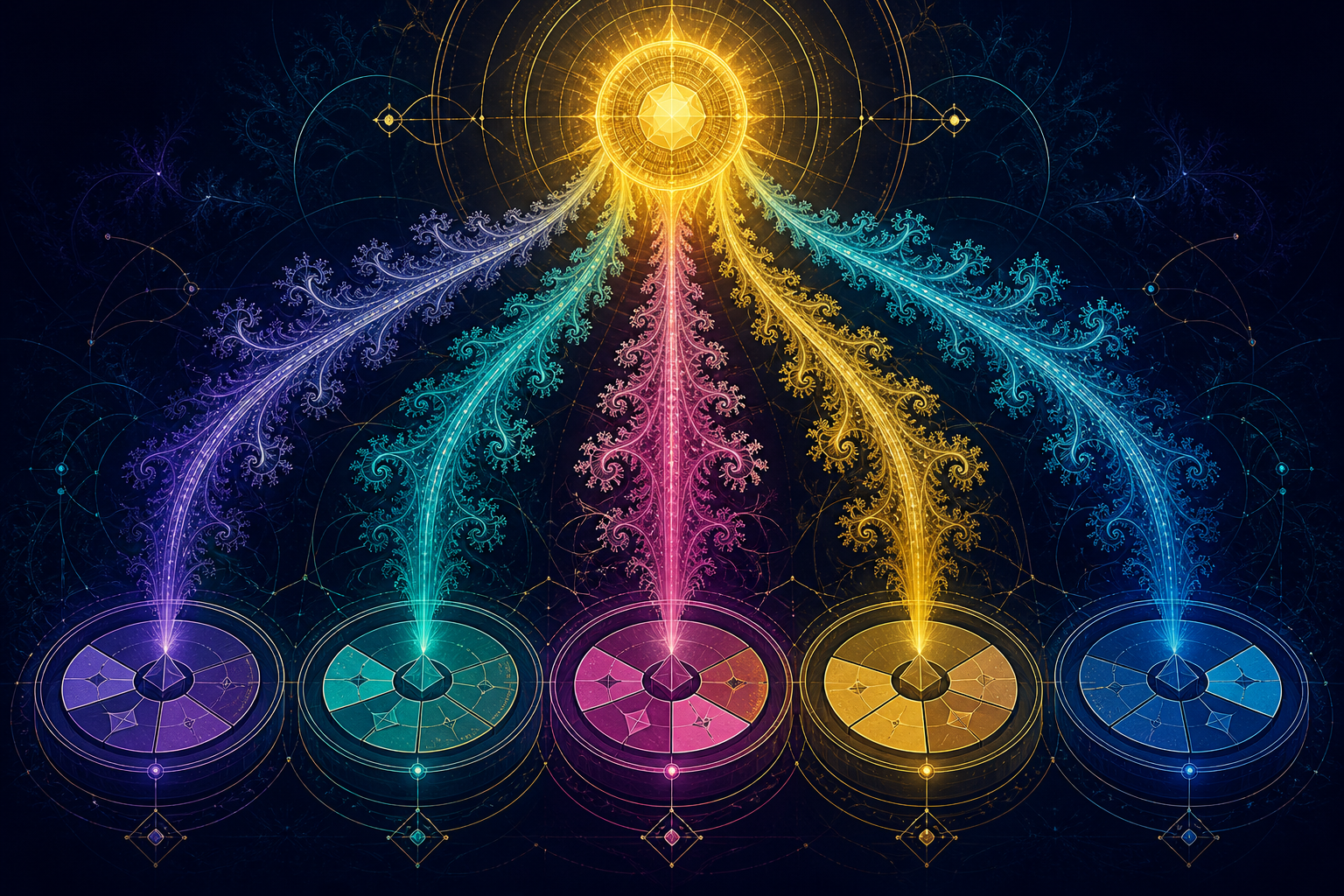 Fractal streams dividing from a single golden source into equal luminous pools